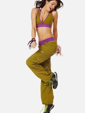 Zumba Fitness Olive Green Cargo Pants with Purple Waistband